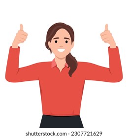 Like sign, joy, approval, happiness concept. Young happy smiling woman or girl teenager cartoon character showing thumbs up. Success and goal. Flat vector illustration isolated on white background