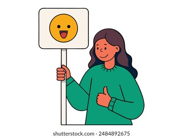 Like sign, joy, approval, happiness concept. Young happy smiling woman. Hand drawn style vector design illustrations.
