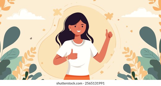 Like sign, joy, approval, happiness concept. Young happy smiling woman or girl teenager cartoon character showing thumbs up. Success and goal achievement facial expression flat vector illustration.