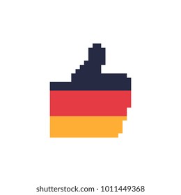 Like sign. Pixel art icon. Thumb Up. Traditional Colors of Germany Flag. Stickers design. Isolated vector illustration.  