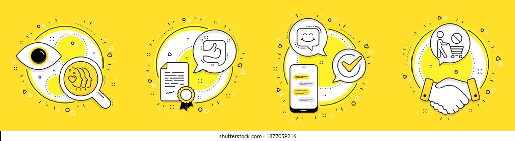 Like, Smile chat and Friends couple line icons set. Licence, cell phone and deal vector icons. Stop shopping sign. Thumb up, Happy face, Friendship. No buying. People set. Like speech bubble. Vector