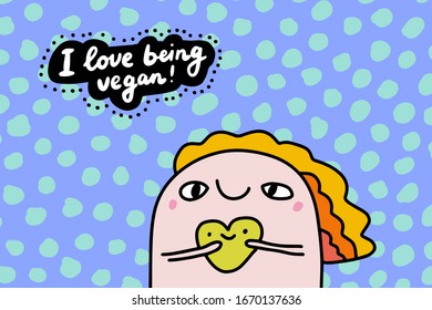 I like smoothie hand drawn vector illustration in cartoon comic style woman holding cup of drink vegan poster print card