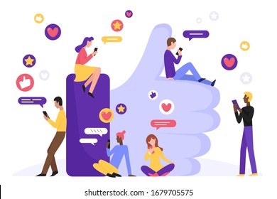 Like in social media character concept flat vector illustration. Man and woman with smartphone near large hand symbol. Modern internet network community background with people, heart, message, star