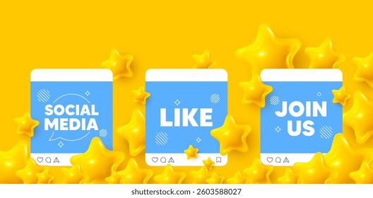 Like social media post. Join us template mockup. Like tag. Social media message. Favorite or Awesome notification. Like, comment and share icons. Vector