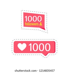 Like social network buttons with numbers and statistics vector. Isolated sticker and patches with profile of followers and heart sign of popularity