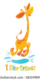 I like spring vector illustration. Funny giraffe jumping into the puddle. 