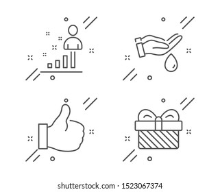 Like, Stats and Wash hands line icons set. Gift sign. Thumbs up, Business analysis, Skin care. Present. Business set. Line like outline icon. Vector
