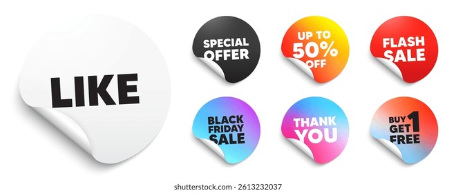 Like sticker tag. Special offer paper price tags. Like tag. Social media message. Favorite or Awesome notification. Discount, black friday sticker. Promo banner. Vector