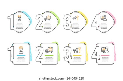 Like, Student and Customer satisfaction icons simple set. Presentation board sign. Star rating, Graduation cap, Happy smile chart. Growth chart. People set. Infographic timeline. Line like icon