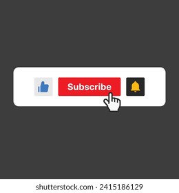 Like, Subscribe, bell button, with hand cursor. Red button subscribe to channel, blog, Marketing, Vector illustration. EPS 10