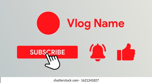 Like, subscribe, bell and hand cursor. Video template for vlog, channel or blog. Follow notification for viewer.  Turn on notification icon. Alert ringing or subscriber alarm. Vector illustration