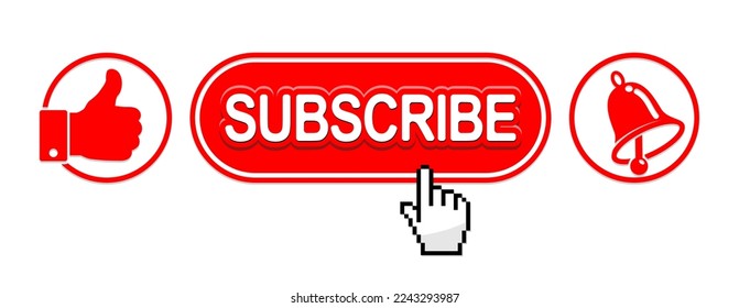 Like, subscribe, bell and hand cursor. Vector template for web on transparent background