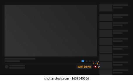 Like, subscribe, bell. Pre load interface by youtube style. Video blog creative template. Notification in video mock up. Well done for subscription. Dark theme tube. Vector illustration