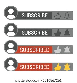 Wie, abonnieren und drücken Sie die Glocke Tasten für Social Media, UI und Web-Design. Satz von Abonnentenfeldern einzeln auf weißem Hintergrund. Vektorgrafik, flaches Design