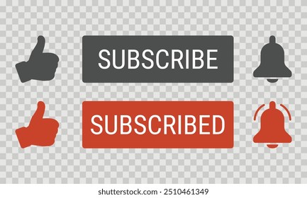 Like, subscribe and ring the bell buttons for UI, apps and web design. Set of flat buttons on checkered background
