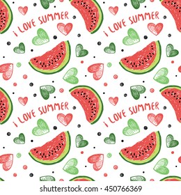 I like summer. Seamless background with watermelons and hearts.
