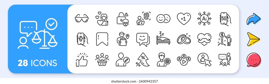 Like, Support and Lawyer line icons. Interest rate, AI generate, Inflation icons. Pack of Love, Buyers, Cyber attack icon. User, Music app, Wedding rings pictogram. Vector
