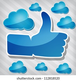 "Like" symbol with blue clouds on a stripped background