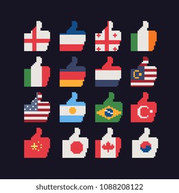 Like symbol with flag of different countries, shape of Hand with thumb up, China, Germany, Russia, USA, Italy,  England, pixel art icon isolated vector illustration. 8-bit. Design for stickers, app.