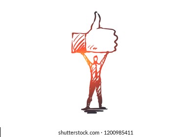 Like, symbol, good, network, finger concept. Hand drawn person hold symbol of like concept sketch. Isolated vector illustration.