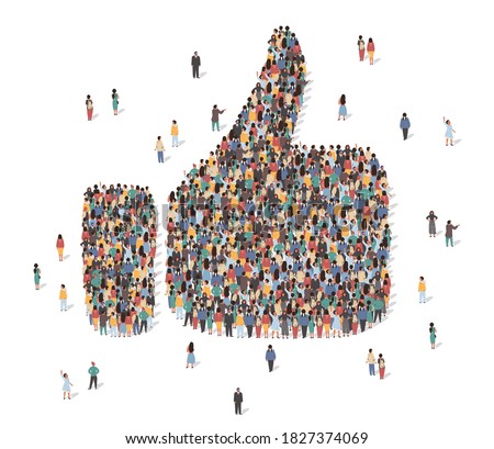 Like symbol made of many people, large crowd shape. Group of people stay in thumb up like sign formation. Social activity, collective action and public engagement. Vector isometric illustration.