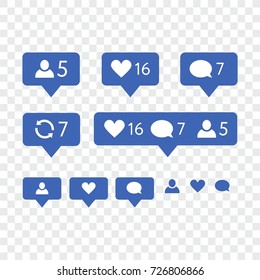 Like symbol, Message and notification set. instagram icons in blue, social network vector illustration