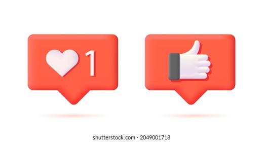 like tags, heart shape and hand with thunb up 3d icon illustrations, red speach bubbles