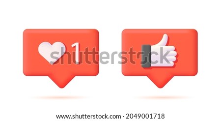 like tags, heart shape and hand with thunb up 3d icon illustrations, red speach bubbles