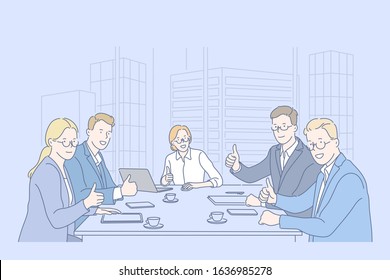 Like, teamwork, business, team concept. Group of business men and businesswomen do teamwork in office together and show like. Boys and girls coworkers sitting at table in cabinet. Simple flat vector