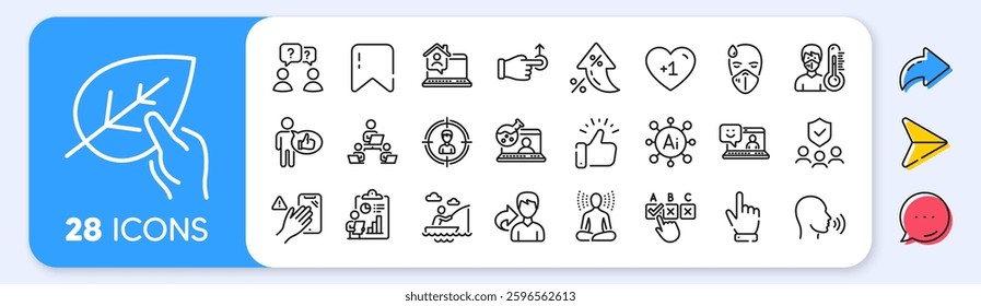 Like, Teamwork and Dont touch line icons. Interest rate, AI generate, Inflation icons. Pack of Yoga, Sick man, Work home icon. Organic tested, Human sing, Headhunting pictogram. Vector