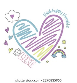 like text think happy thoughts text heart colorful star rainbow white background art vector illustration