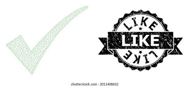 Like textured stamp seal and vector confirm tick mesh structure. Black stamp seal contains Like caption inside ribbon and rosette. Abstract flat mesh confirm tick, built from triangles.