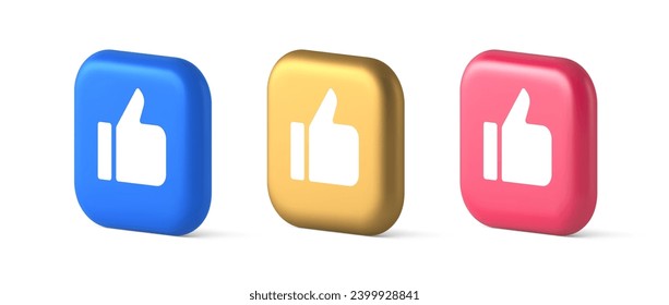 Like thumb up approve rating button confirmation cool website networking 3d realistic blue gold and pink icons. Rate follow social network recommendation great gesture