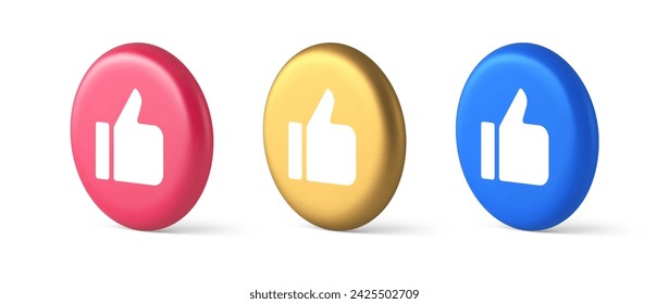 Like thumb up approve rating button confirmation cool website networking 3d realistic blue gold and pink icons. Rate follow social network recommendation great gesture