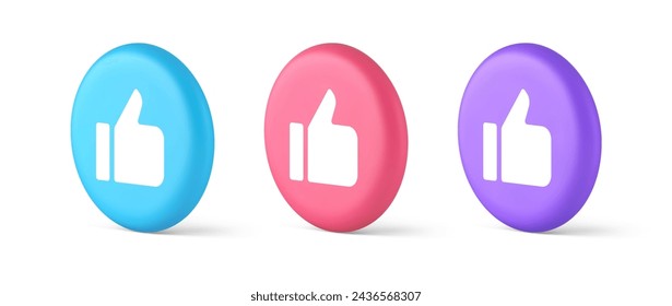 Like thumb up approve rating button confirmation cool website networking 3d realistic blue pink and purple icons. Rate follow social network recommendation great gesture