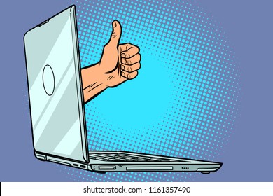 Like Thumb Up From Computer. Comic Cartoon Pop Art Retro Vector Illustration Drawing