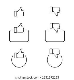 like. thumb up and down in linear design. thumb up and thumb down with square and circle. like vector icons. line icons, isolated on white background. vector illustration.