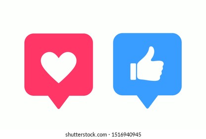 Like or thumb up and heart vector modern icons. Design elements for social network, marketing, smm, app, interface and ad.