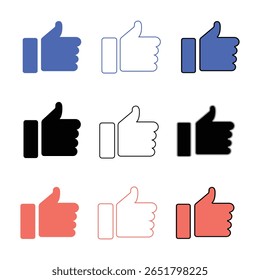 Like Thumb Icons Pack mit Handstilen in Korallenrot, Blau und Schwarz mit Umriss gefüllt und Mixed Vektor auf weißem Hintergrund