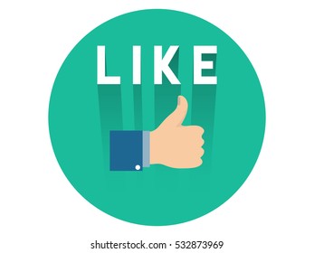 Like and thumb up man hand with long shadow in green circle and white background