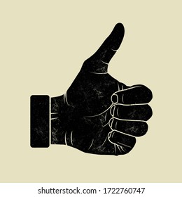 Like thumb up silhouette vintage styled sticker label design with grunge texture. Isolated on white background. Finger up. Vector illustration