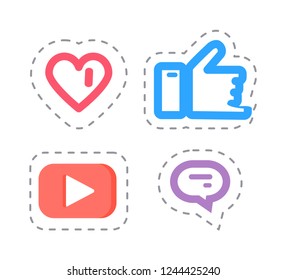 Like and thumb up social network items, heart popularity and fame vector. Video patch and chatting box, thought bubble for text and message content