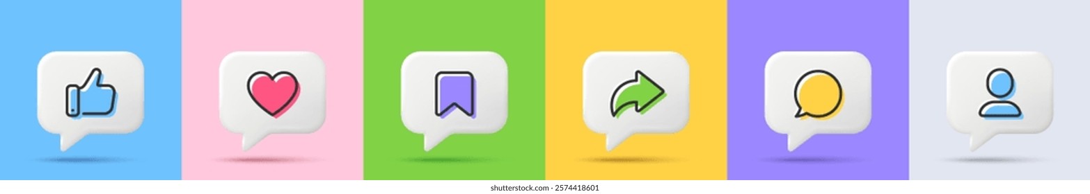 Like thumb up, heart, repost, comment, share social media icons. 3D speech bubbles with notification icons. Social media like, friend profile and message. Bookmark, thumb up hand icon. Vector