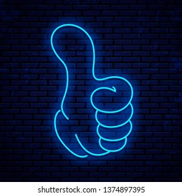 Like, Thumb up, ok, yes and super - neon icon. Vector glowing like sign.