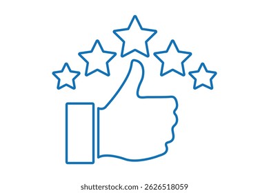 Like, thumb up. Success, favorite, feedback, experience, quality, customer satisfaction. 
Customer product rating with  5 stars and thumb-up. Good rate vector illustration. rating review flat icon.