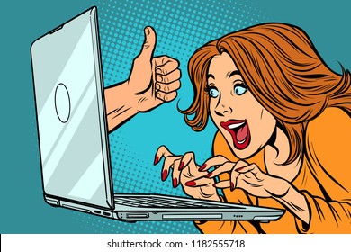 like thumb up, woman blogger working on computer. Comic cartoon pop art retro vector illustration drawing