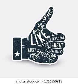 Like thumb up vintage styled sticker label design. Finger up. Vector illustration