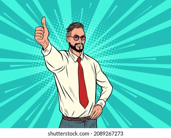 Like the thumbs up gesture, approval is good the businessman is happy. Pop Art Retro Vector Illustration Kitsch Vintage 50s 60s Style