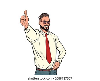 Like the thumbs up gesture, approval is good the businessman is happy. Pop Art Retro Vector Illustration Kitsch Vintage 50s 60s Style