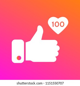 Like, thumbs up icon on gradient background. Icon like 100. Social network symbol. Counter notification icon. Social media element. Message bubble. Emoji reaction. Vector illustration.